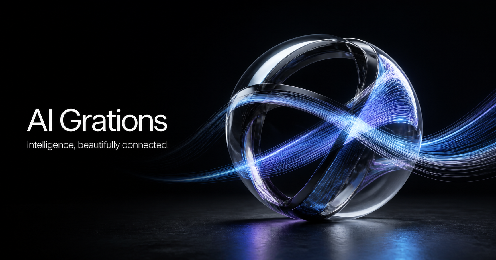 AI Grations represented by a sculptural glass intelligence form with luminous streams connecting through it